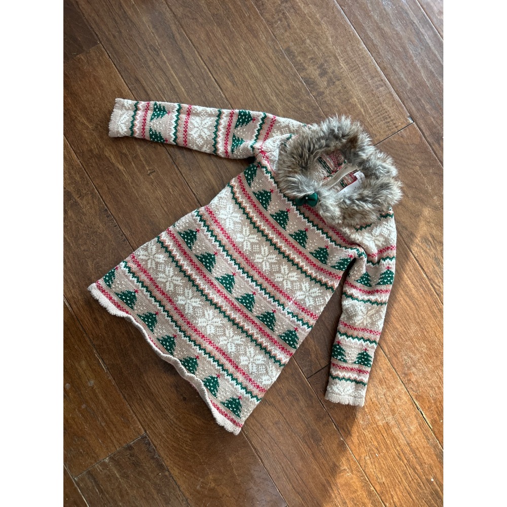 Tommy Bahama Kids Fair Isle Christmas Tree‎ Sweater Dress with Faux Fur Size 3T